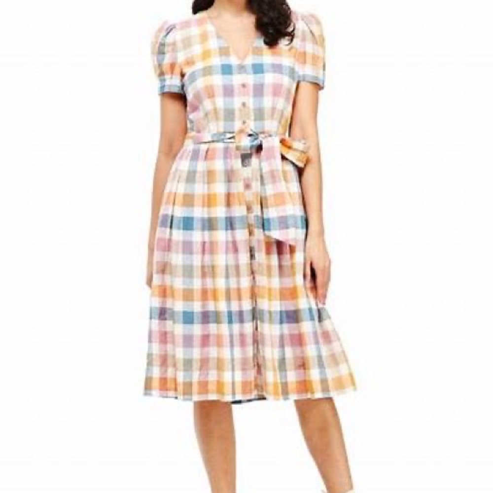 EUC Gal meets Glam poppy Gingham Linen Blend Midi